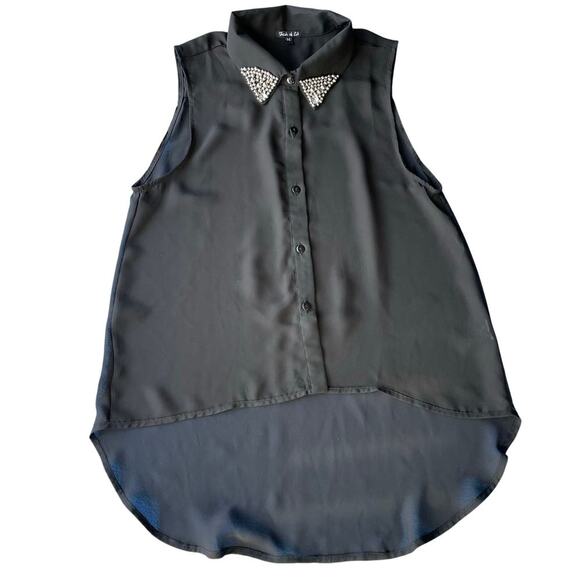 Women Black Sheer Blouse Beaded Collar Button Up Size M High Low Hem Glam Edgy - Picture 1 of 10